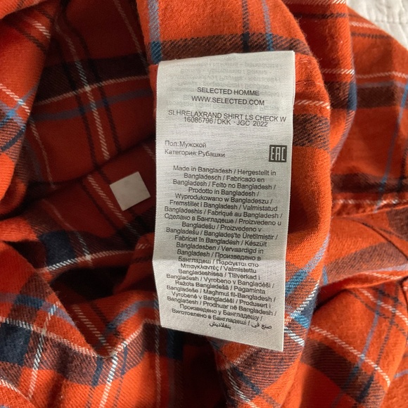 Selected HOMME Flannel Lumberjack Long Sleeve Button Up Orange Plaid - Picture 10 of 12